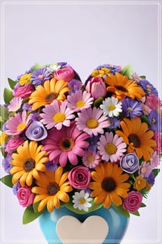 Colorful bouquet of flowers in a vase on background.Bouquet of colorful flowers in a vase with a heart.Bouquet of colorful flowers with a heart on a background.Bouquet of colorful flowers with heart shaped frame on background.Valentines day card.