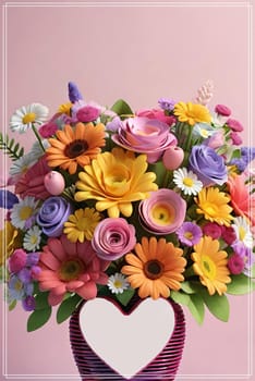 Colorful bouquet of flowers in a vase on background.Bouquet of colorful flowers in a vase with a heart.Bouquet of colorful flowers with a heart on a background.Bouquet of colorful flowers with heart shaped frame on background.Valentines day card.