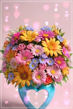 Colorful bouquet of flowers in a vase on background.Bouquet of colorful flowers in a vase with a heart.Bouquet of colorful flowers with a heart on a background.Bouquet of colorful flowers with heart shaped frame on background.Valentines day card.