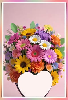 Colorful bouquet of flowers in a vase on background.Bouquet of colorful flowers in a vase with a heart.Bouquet of colorful flowers with a heart on a background.Bouquet of colorful flowers with heart shaped frame on background.Valentines day card.