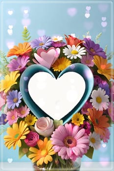 Colorful bouquet of flowers in a vase on background.Bouquet of colorful flowers in a vase with a heart.Bouquet of colorful flowers with a heart on a background.Bouquet of colorful flowers with heart shaped frame on background.Valentines day card.