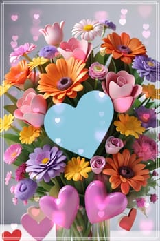 Colorful bouquet of flowers in a vase on background.Bouquet of colorful flowers in a vase with a heart.Bouquet of colorful flowers with a heart on a background.Bouquet of colorful flowers with heart shaped frame on background.Valentines day card.