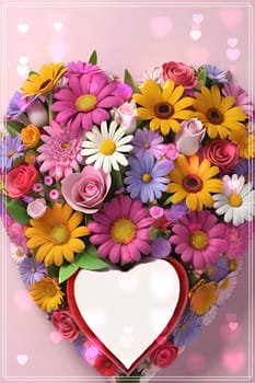 Colorful bouquet of flowers in a vase on background.Bouquet of colorful flowers in a vase with a heart.Bouquet of colorful flowers with a heart on a background.Bouquet of colorful flowers with heart shaped frame on background.Valentines day card.