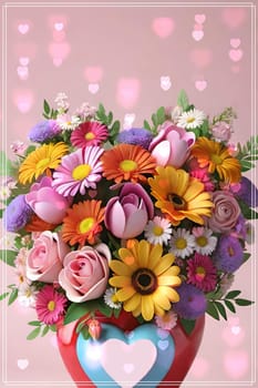 Colorful bouquet of flowers in a vase on background.Bouquet of colorful flowers in a vase with a heart.Bouquet of colorful flowers with a heart on a background.Bouquet of colorful flowers with heart shaped frame on background.Valentines day card.