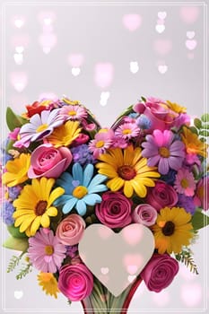 Colorful bouquet of flowers in a vase on background.Bouquet of colorful flowers in a vase with a heart.Bouquet of colorful flowers with a heart on a background.Bouquet of colorful flowers with heart shaped frame on background.Valentines day card.