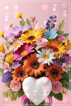 Colorful bouquet of flowers in a vase on background.Bouquet of colorful flowers in a vase with a heart.Bouquet of colorful flowers with a heart on a background.Bouquet of colorful flowers with heart shaped frame on background.Valentines day card.