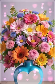 Colorful bouquet of flowers in a vase on background.Bouquet of colorful flowers in a vase with a heart.Bouquet of colorful flowers with a heart on a background.Bouquet of colorful flowers with heart shaped frame on background.Valentines day card.