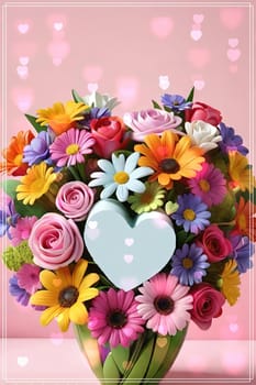 Colorful bouquet of flowers in a vase on background.Bouquet of colorful flowers in a vase with a heart.Bouquet of colorful flowers with a heart on a background.Bouquet of colorful flowers with heart shaped frame on background.Valentines day card.