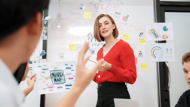 Professional young leader present business idea by using mind map at business meeting surrounded by professional cooperate colleague discussing and brainstorming about her strategy. Immaculate.