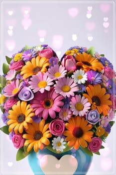 Colorful bouquet of flowers in a vase on background.Bouquet of colorful flowers in a vase with a heart.Bouquet of colorful flowers with a heart on a background.Bouquet of colorful flowers with heart shaped frame on background.Valentines day card.