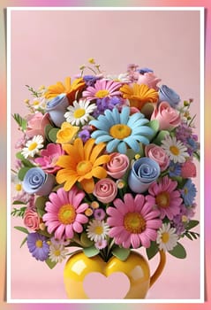 Colorful bouquet of flowers in a vase on background.Bouquet of colorful flowers in a vase with a heart.Bouquet of colorful flowers with a heart on a background.Bouquet of colorful flowers with heart shaped frame on background.Valentines day card.