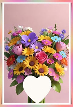 Colorful bouquet of flowers in a vase on background.Bouquet of colorful flowers in a vase with a heart.Bouquet of colorful flowers with a heart on a background.Bouquet of colorful flowers with heart shaped frame on background.Valentines day card.