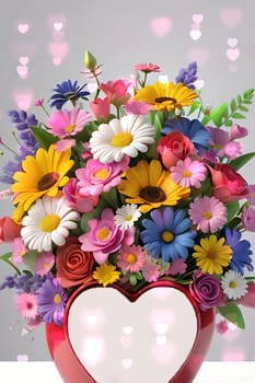 Colorful bouquet of flowers in a vase on background.Bouquet of colorful flowers in a vase with a heart.Bouquet of colorful flowers with a heart on a background.Bouquet of colorful flowers with heart shaped frame on background.Valentines day card.