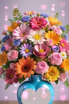 Colorful bouquet of flowers in a vase on background.Bouquet of colorful flowers in a vase with a heart.Bouquet of colorful flowers with a heart on a background.Bouquet of colorful flowers with heart shaped frame on background.Valentines day card.