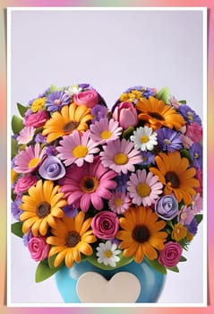 Colorful bouquet of flowers in a vase on background.Bouquet of colorful flowers in a vase with a heart.Bouquet of colorful flowers with a heart on a background.Bouquet of colorful flowers with heart shaped frame on background.Valentines day card.