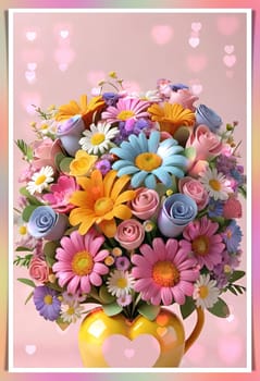 Colorful bouquet of flowers in a vase on background.Bouquet of colorful flowers in a vase with a heart.Bouquet of colorful flowers with a heart on a background.Bouquet of colorful flowers with heart shaped frame on background.Valentines day card.