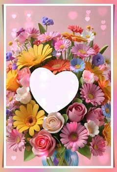 Colorful bouquet of flowers in a vase on background.Bouquet of colorful flowers in a vase with a heart.Bouquet of colorful flowers with a heart on a background.Bouquet of colorful flowers with heart shaped frame on background.Valentines day card.