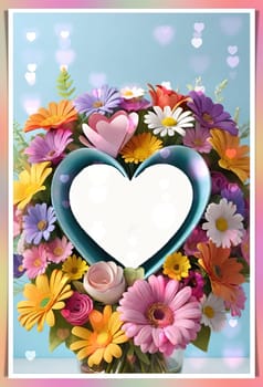 Colorful bouquet of flowers in a vase on background.Bouquet of colorful flowers in a vase with a heart.Bouquet of colorful flowers with a heart on a background.Bouquet of colorful flowers with heart shaped frame on background.Valentines day card.