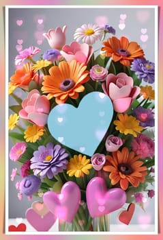 Colorful bouquet of flowers in a vase on background.Bouquet of colorful flowers in a vase with a heart.Bouquet of colorful flowers with a heart on a background.Bouquet of colorful flowers with heart shaped frame on background.Valentines day card.