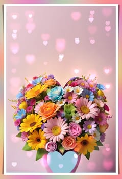 Colorful bouquet of flowers in a vase on background.Bouquet of colorful flowers in a vase with a heart.Bouquet of colorful flowers with a heart on a background.Bouquet of colorful flowers with heart shaped frame on background.Valentines day card.