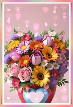 Colorful bouquet of flowers in a vase on background.Bouquet of colorful flowers in a vase with a heart.Bouquet of colorful flowers with a heart on a background.Bouquet of colorful flowers with heart shaped frame on background.Valentines day card.