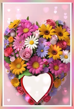 Colorful bouquet of flowers in a vase on background.Bouquet of colorful flowers in a vase with a heart.Bouquet of colorful flowers with a heart on a background.Bouquet of colorful flowers with heart shaped frame on background.Valentines day card.