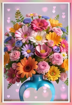 Colorful bouquet of flowers in a vase on background.Bouquet of colorful flowers in a vase with a heart.Bouquet of colorful flowers with a heart on a background.Bouquet of colorful flowers with heart shaped frame on background.Valentines day card.