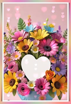 Colorful bouquet of flowers in a vase on background.Bouquet of colorful flowers in a vase with a heart.Bouquet of colorful flowers with a heart on a background.Bouquet of colorful flowers with heart shaped frame on background.Valentines day card.