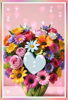 Colorful bouquet of flowers in a vase on background.Bouquet of colorful flowers in a vase with a heart.Bouquet of colorful flowers with a heart on a background.Bouquet of colorful flowers with heart shaped frame on background.Valentines day card.