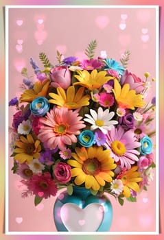 Colorful bouquet of flowers in a vase on background.Bouquet of colorful flowers in a vase with a heart.Bouquet of colorful flowers with a heart on a background.Bouquet of colorful flowers with heart shaped frame on background.Valentines day card.