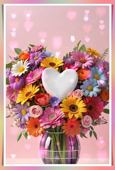 Colorful bouquet of flowers in a vase on background.Bouquet of colorful flowers in a vase with a heart.Bouquet of colorful flowers with a heart on a background.Bouquet of colorful flowers with heart shaped frame on background.Valentines day card.