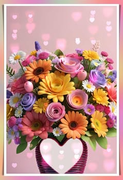 Colorful bouquet of flowers in a vase on background.Bouquet of colorful flowers in a vase with a heart.Bouquet of colorful flowers with a heart on a background.Bouquet of colorful flowers with heart shaped frame on background.Valentines day card.