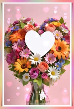 Colorful bouquet of flowers in a vase on background.Bouquet of colorful flowers in a vase with a heart.Bouquet of colorful flowers with a heart on a background.Bouquet of colorful flowers with heart shaped frame on background.Valentines day card.