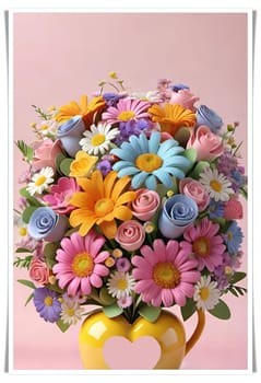 Colorful bouquet of flowers in a vase on background.Bouquet of colorful flowers in a vase with a heart.Bouquet of colorful flowers with a heart on a background.Bouquet of colorful flowers with heart shaped frame on background.Valentines day card.