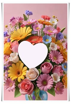 Colorful bouquet of flowers in a vase on background.Bouquet of colorful flowers in a vase with a heart.Bouquet of colorful flowers with a heart on a background.Bouquet of colorful flowers with heart shaped frame on background.Valentines day card.