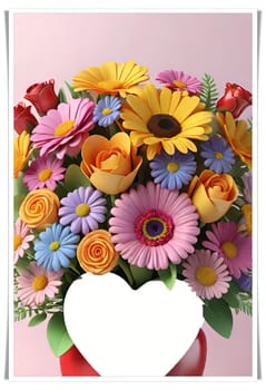 Colorful bouquet of flowers in a vase on background.Bouquet of colorful flowers in a vase with a heart.Bouquet of colorful flowers with a heart on a background.Bouquet of colorful flowers with heart shaped frame on background.Valentines day card.