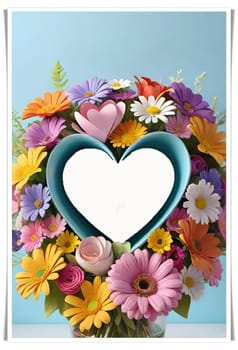 Colorful bouquet of flowers in a vase on background.Bouquet of colorful flowers in a vase with a heart.Bouquet of colorful flowers with a heart on a background.Bouquet of colorful flowers with heart shaped frame on background.Valentines day card.