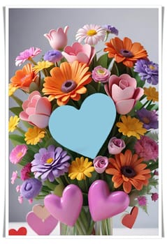 Colorful bouquet of flowers in a vase on background.Bouquet of colorful flowers in a vase with a heart.Bouquet of colorful flowers with a heart on a background.Bouquet of colorful flowers with heart shaped frame on background.Valentines day card.