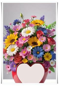 Colorful bouquet of flowers in a vase on background.Bouquet of colorful flowers in a vase with a heart.Bouquet of colorful flowers with a heart on a background.Bouquet of colorful flowers with heart shaped frame on background.Valentines day card.