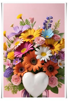 Colorful bouquet of flowers in a vase on background.Bouquet of colorful flowers in a vase with a heart.Bouquet of colorful flowers with a heart on a background.Bouquet of colorful flowers with heart shaped frame on background.Valentines day card.