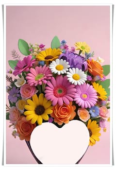 Colorful bouquet of flowers in a vase on background.Bouquet of colorful flowers in a vase with a heart.Bouquet of colorful flowers with a heart on a background.Bouquet of colorful flowers with heart shaped frame on background.Valentines day card.