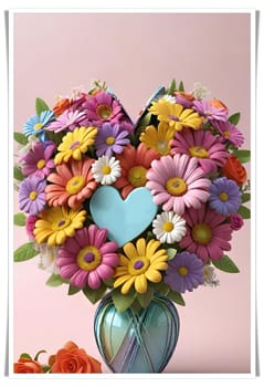 Colorful bouquet of flowers in a vase on background.Bouquet of colorful flowers in a vase with a heart.Bouquet of colorful flowers with a heart on a background.Bouquet of colorful flowers with heart shaped frame on background.Valentines day card.