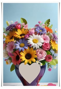 Colorful bouquet of flowers in a vase on background.Bouquet of colorful flowers in a vase with a heart.Bouquet of colorful flowers with a heart on a background.Bouquet of colorful flowers with heart shaped frame on background.Valentines day card.