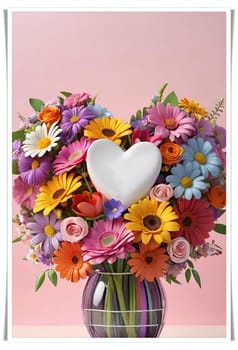 Colorful bouquet of flowers in a vase on background.Bouquet of colorful flowers in a vase with a heart.Bouquet of colorful flowers with a heart on a background.Bouquet of colorful flowers with heart shaped frame on background.Valentines day card.