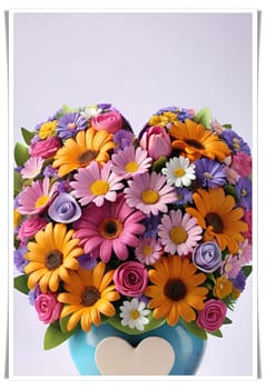 Colorful bouquet of flowers in a vase on background.Bouquet of colorful flowers in a vase with a heart.Bouquet of colorful flowers with a heart on a background.Bouquet of colorful flowers with heart shaped frame on background.Valentines day card.