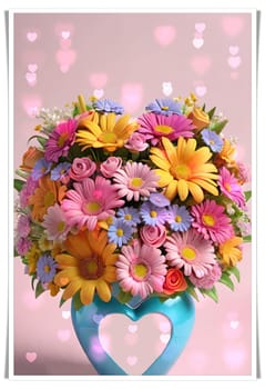 Colorful bouquet of flowers in a vase on background.Bouquet of colorful flowers in a vase with a heart.Bouquet of colorful flowers with a heart on a background.Bouquet of colorful flowers with heart shaped frame on background.Valentines day card.