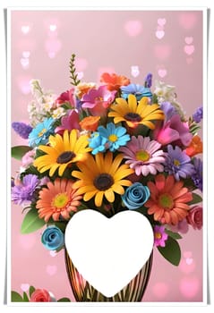 Colorful bouquet of flowers in a vase on background.Bouquet of colorful flowers in a vase with a heart.Bouquet of colorful flowers with a heart on a background.Bouquet of colorful flowers with heart shaped frame on background.Valentines day card.