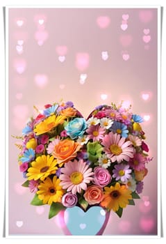 Colorful bouquet of flowers in a vase on background.Bouquet of colorful flowers in a vase with a heart.Bouquet of colorful flowers with a heart on a background.Bouquet of colorful flowers with heart shaped frame on background.Valentines day card.