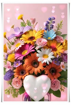 Colorful bouquet of flowers in a vase on background.Bouquet of colorful flowers in a vase with a heart.Bouquet of colorful flowers with a heart on a background.Bouquet of colorful flowers with heart shaped frame on background.Valentines day card.