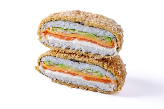 appetizing fresh sushi burgers on white background for food delivery site 6